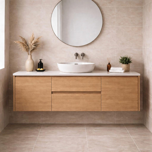 Willow - Oak Vanity Wall Hung With Single Bowl Top Options Available 1500mm 