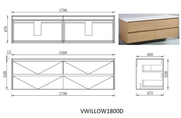 Willow Oak Wall Hung Vanity Double Bowl 1800mm