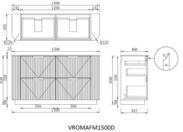 Roma - Fluted Floor Mount Vanity with Single Bowl Top Options 1500mm  
