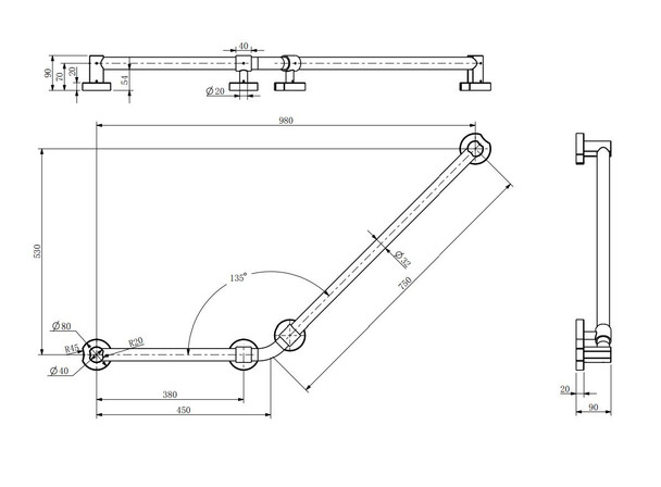 Care - Brushed Nickel Universal Curve Up Grab Rail 600 x 900mm 