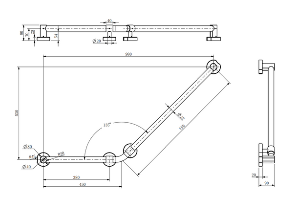Care - Brushed Gold Universal Curve Up Grab Rail 600 x 900mm