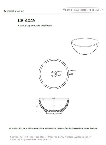 Jacaranda  - Round Light Grey Concrete Basin 365mm with custom plug/waste  