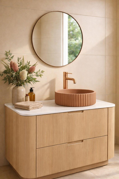 Banksia  - Round Fluted Terracotta Concrete Basin 398mm with custom plug/waste 