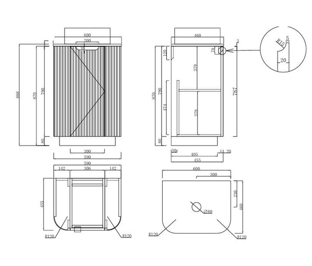 Roma - Fluted Floor Mount Vanity & Top Options Available 600mm  
