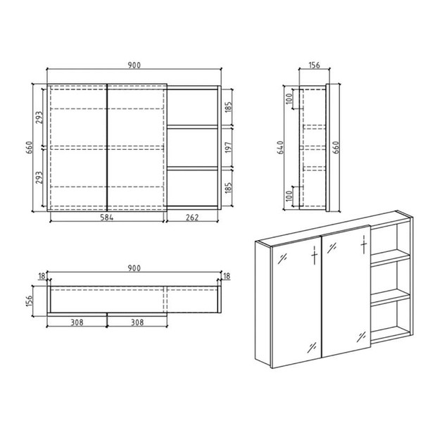 Mirror Cabinet with Open Shelf 900mm Grey