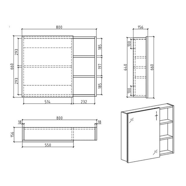 Mirror Cabinet with Open Shelf 800mm Black 
