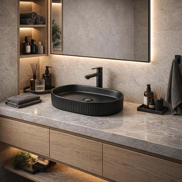 Beyond 5 - Oval Matte Black Fluted Above Counter Basin 