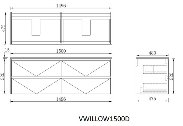 Willow - Walnut Vanity Wall Hung With Double Bowl Top Options Available 1500mm