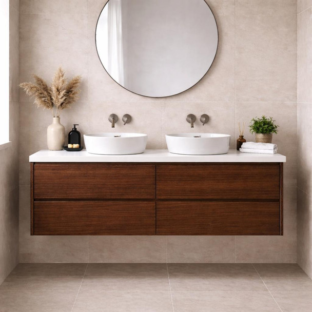Willow - Walnut Vanity Wall Hung With Double Bowl Top Options Available 1500mm 