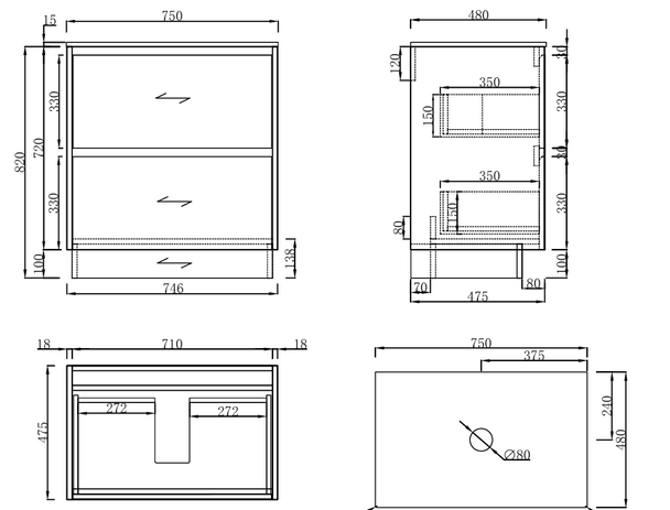 Willow - Oak Vanity Cabinet Floor Mount With Top Options Available 750mm