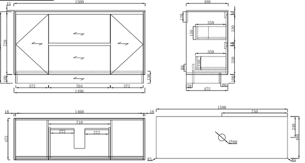 Willow - Oak Vanity Floor Mount With Single Bowl Top Options Available 1500mm