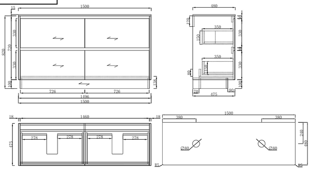 Willow - Oak Vanity Floor Mount with Double Bowl Top Option Available 1500mm