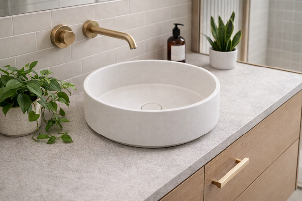 Hydrangea - Round Cream Concrete Basin 365mm with custom plug/waste 
