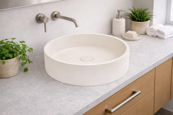 Hydrangea - Round Cream Concrete Basin 365mm with custom plug/waste  