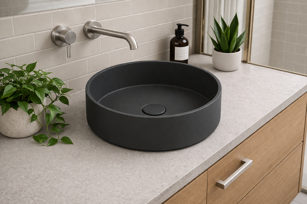 Hydrangea - Round Olive Concrete Basin 365mm with custom plug/waste 