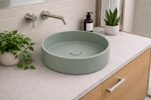 Hydrangea - Round Olive Concrete Basin 365mm with custom plug/waste  