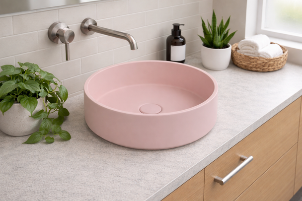 Hydrangea - Round Peach Concrete Basin 365mm with custom plug/waste 