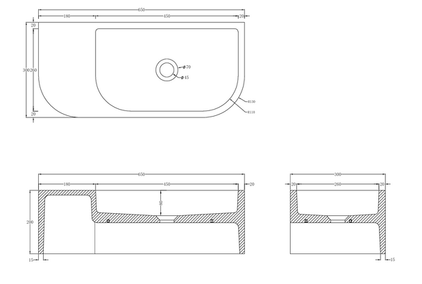 Ivy - Cream Wall Hung Concrete Basin 650mm with custom plug/waste 