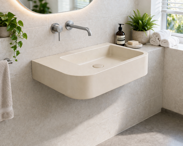 Ivy - Cream Wall Hung Concrete Basin 650mm with custom plug/waste 