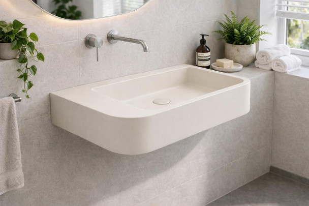 Ivy - Cream Wall Hung Concrete Basin 650mm with custom plug/waste  