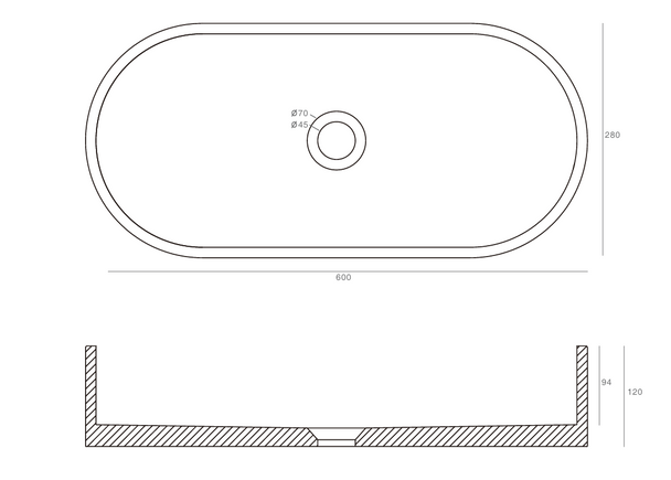 Peony - Oval Cream Concrete Basin 600mm with custom plug/waste 
