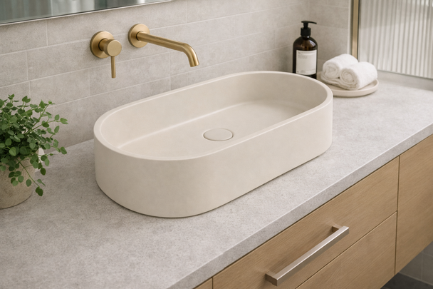 Peony - Oval Cream Concrete Basin 600mm with custom plug/waste 