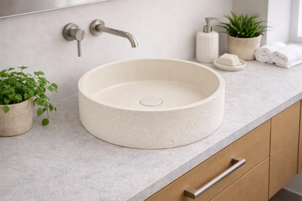 Thistle - Round Cream Concrete Basin 390mm with custom plug/waste 
