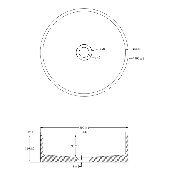 Thistle - Round Grey Concrete Basin 365mm with custom plug/waste 