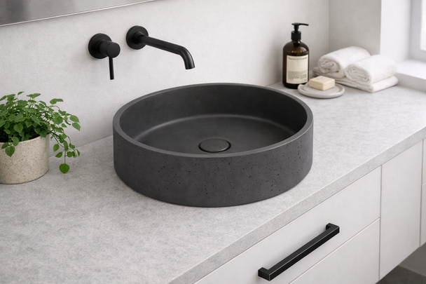 Thistle - Round Grey Concrete Basin 365mm with custom plug/waste 