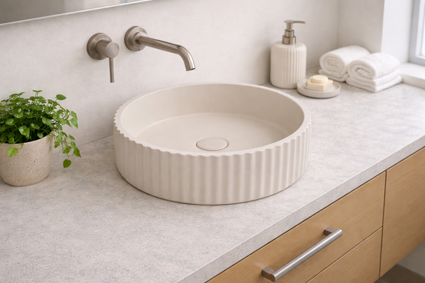 Wattle - Round Fluted Cream Concrete Basin 398mm with custom plug/waste 