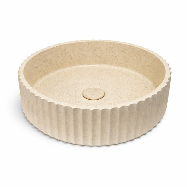 Wattle - Round Fluted Cream Concrete Basin 398mm with custom plug/waste  