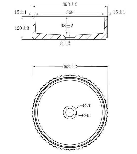 Wattle - Round Fluted Natural Concrete Basin 398mm with custom plug/waste  