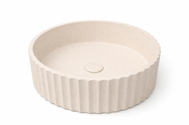 Wattle - Round Fluted Natural Concrete Basin 398mm with custom plug/waste  