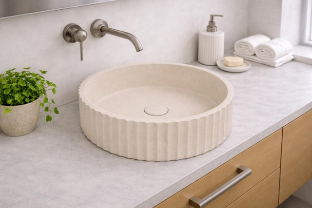 Wattle - Round Fluted Natural Concrete Basin 398mm with custom plug/waste  