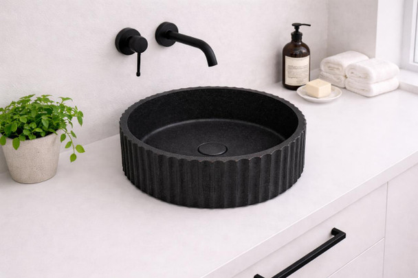 Wattle - Round Fluted Sand Concrete Basin 398mm with custom plug/waste  