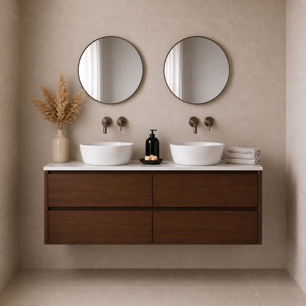 Willow - Walnut Double Vanity Cabinet Wall Hung With Top Options Available 1200mm