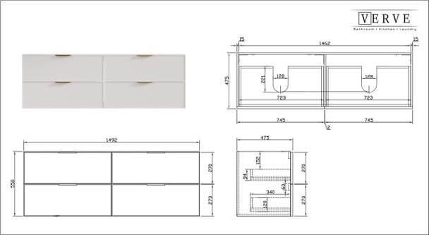 Hadley Soft Grey Wall Hung Vanity 1500mm Double Basin 