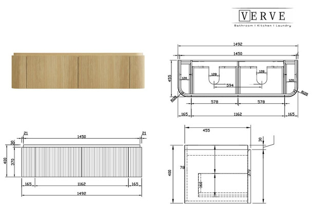 Yallingup American Oak Wall Hung Vanity 1500mm Double Basin 