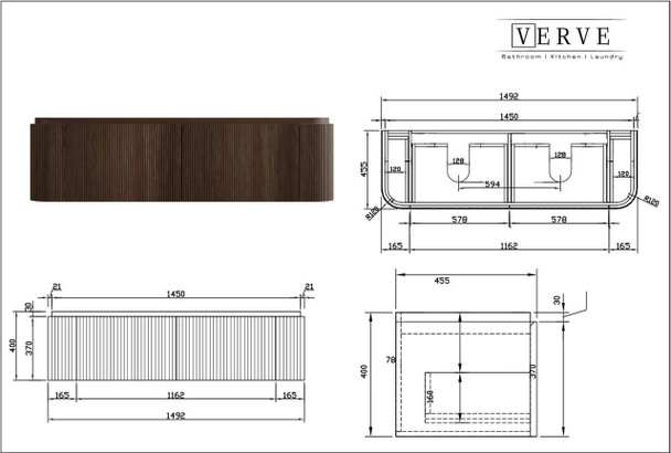 Yallingup Mocha Oak Wall Hung Vanity 1500mm Double Basin 