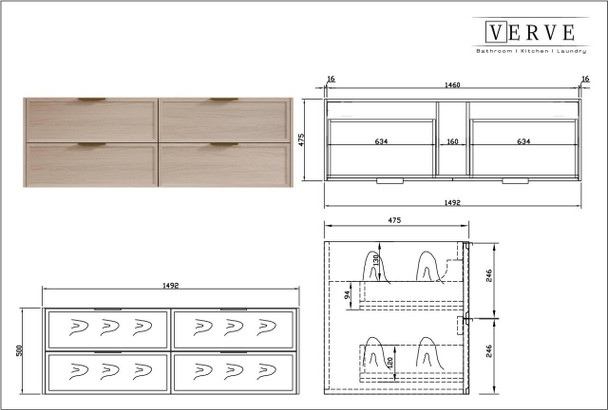 Bayside Washed Oak Wall Hung Vanity 1500mm Single Basin 