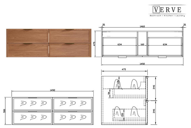 Bayside Century Teak Wall Hung Vanity 1500mm Single Basin 