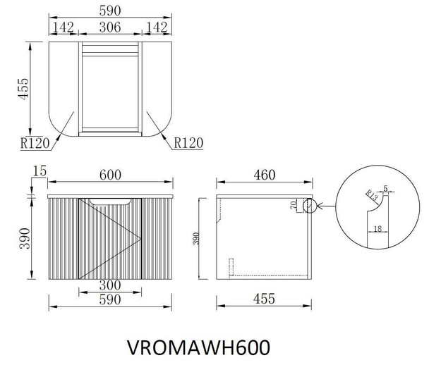 Roma Oak Fluted Wall Hung Vanity 600mm 
