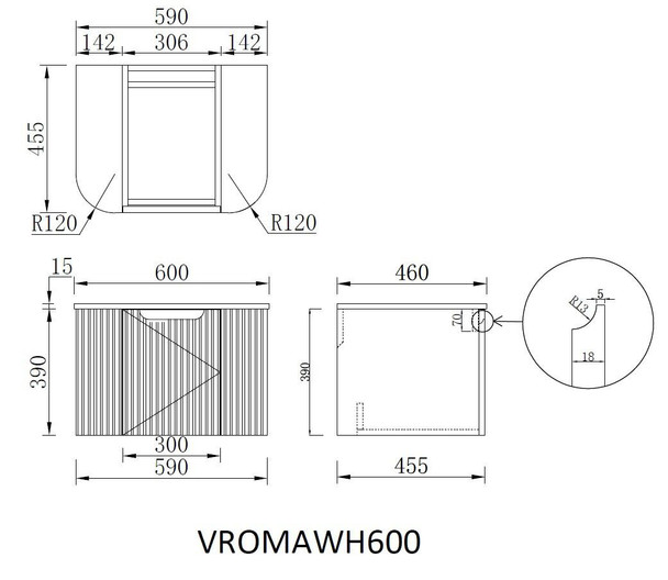 Roma - Fluted Vanity & Stone Top Wall Hung 600mm  