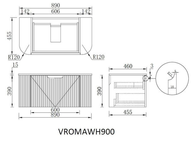 Roma Oak Fluted Wall Hung Vanity 900mm 