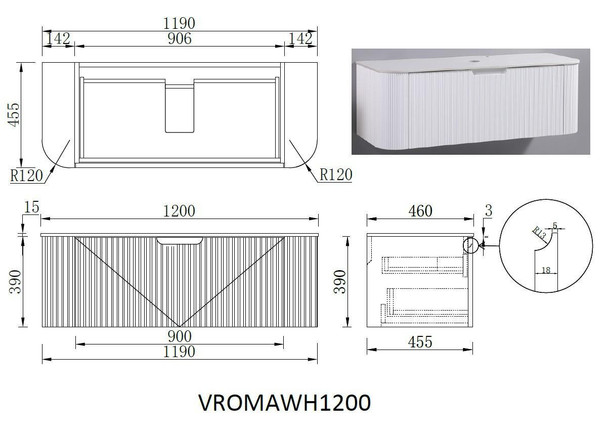 Roma Oak Fluted Wall Hung Vanity 1200mm 
