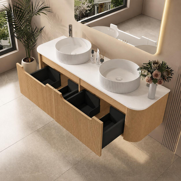 Roma Oak Fluted Wall Hung Vanity Double Bowl 1500mm 