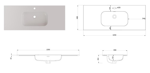 Vanity Gloss White Polymarble Top With Integrated Basin 1200 x 480 mm 