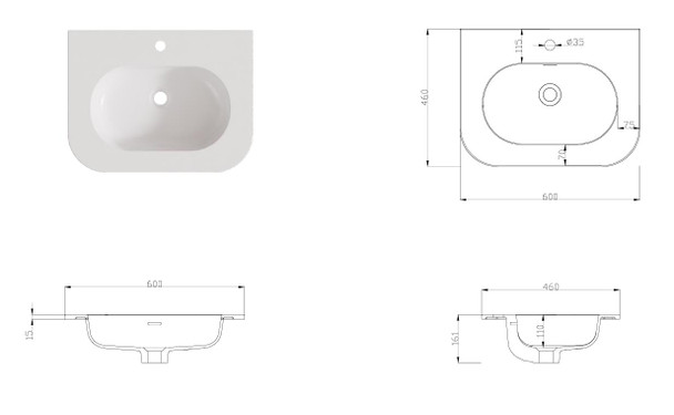 Vanity Matt White Polymarble Top with Integrated Basin 600 × 460mm – R125 Front Corners 