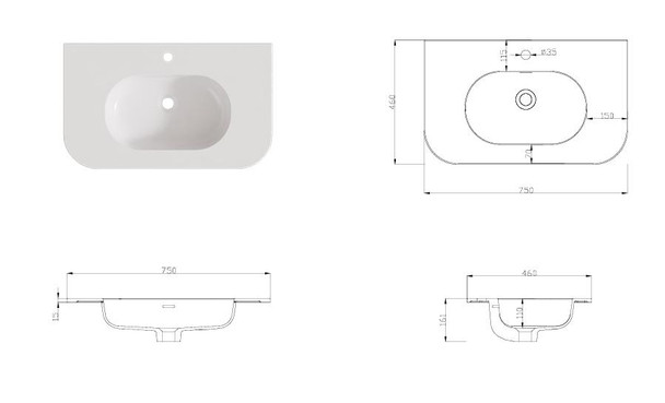 Vanity Matt White Polymarble Top with Integrated Basin 750 × 460mm – R125 Front Corners 