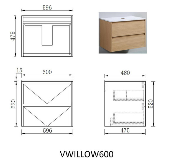 Willow Oak Wall Hung Vanity 600mm 